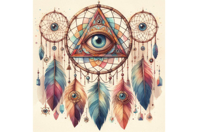 Watercolor ethnic dream catcher with all seeing