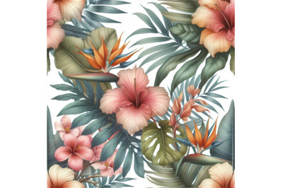 Watercolor tropical leaves and flowers summer