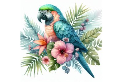 Watercolor parrot with exotic flowers and leave