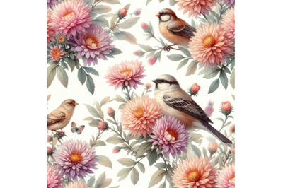 Watercolor asters and birds seamless pattern