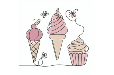 Abstract ice cream cone continuous one line drawing set