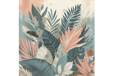 Modern illustration with tropical leaves, rough grunge tex