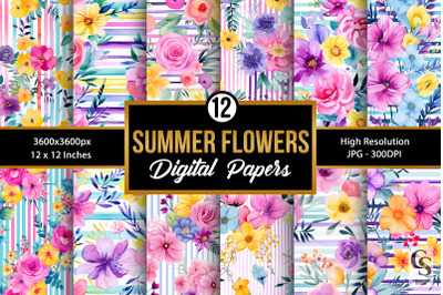 Summer Watercolor Flowers &amp; Stripes Seamless Patterns