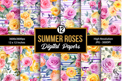 Summer Watercolor Roses Bouquet &amp; Stripes Seamless Patterns