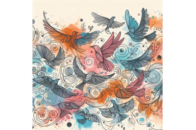 Artistic watercolor background flying bird silho