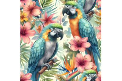 Watercolor parrots with tropical flowers seamless patter