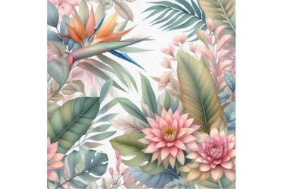 Watercolor exotic leaves and flowers