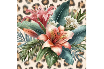 Tropical watercolor flowers and leaves on animal print