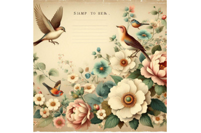 Vintage card with flowers and birds. Spring background