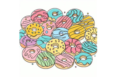 Continuous one line drawing of colorful donuts isolated o