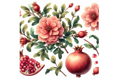 Watercolor pomegranate bloom branches and fruit set