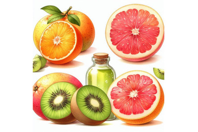 Watercolor set of fresh orange, kiwi and grapefruit