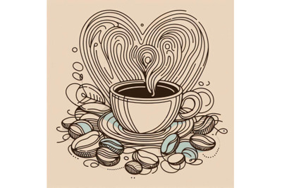 Abstract coffee with heart drawing, coffee beans set con