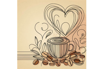 Abstract coffee with heart drawing, coffee beans set con