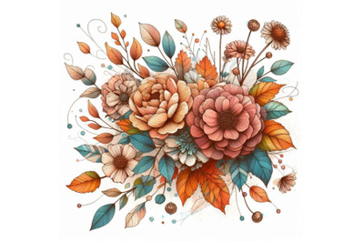 Autumn watercolor flowers on doodle background