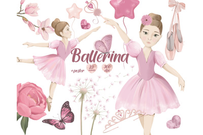 Pink Ballerina Clipart, Floral Ballet