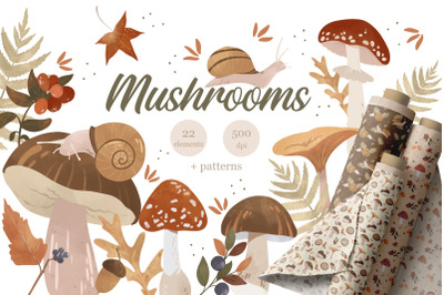 Mushrooms Clipart, Forest Seamless Pattern