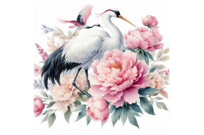 Hand painted watercolor peonies and crane birds