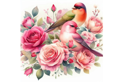 Watercolor birds on the pink and red roses