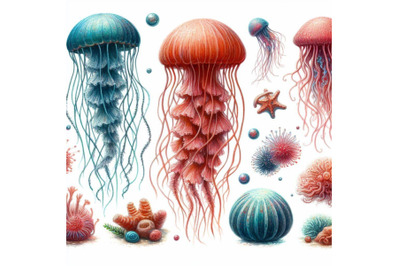 03 Hand drawn vector jellyfish. Sea marin