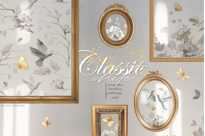 Classic white floral collection Vintage bird