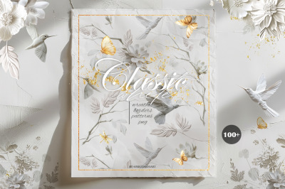 Classic white floral collection Vintage bird