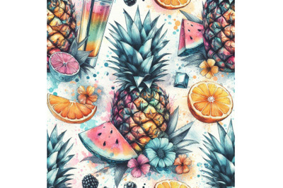 Colorful pineapple with watercolor and grunge tex