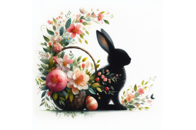 04 Easter bunny silhouette with flowers, flat