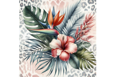 Tropical watercolor flowers and leaves on animal p