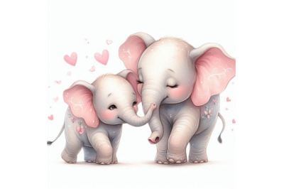 Watercolor pair of lovely elephants isolated on wh