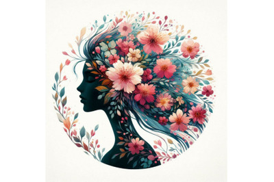 Beautiful spring girl silhouette. Floral woman head in circle