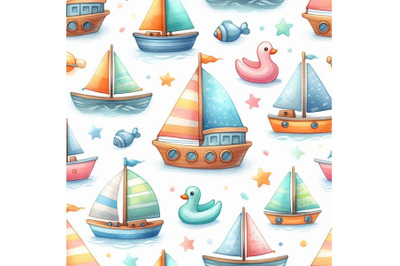 Simple watercolor toy sail boat seamless pattern