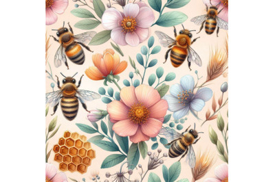 Watercolor bees&2C; flowers and honeycombs seamle