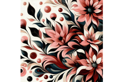 Retro spring flowers. Stylized abstract pink and black flowers