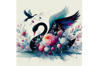 05 beautiful swan silhouette with flowers,