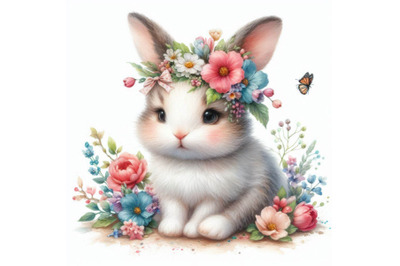 Cute watercolor baby bunny with flowers isolate on white back