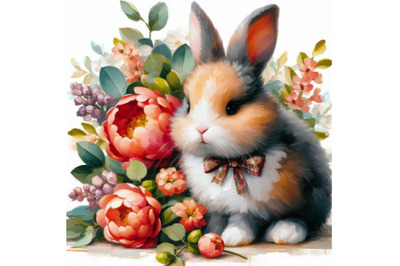 a rabbit bunny with a bouquet of flowers isolate on white backg