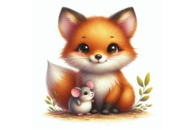 Little Cute watercolor lovely fox with mouse isolate on white ba