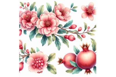 Watercolor pomegranate bloom branches and frui