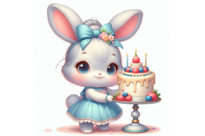 Cute little bunny girl with cake  isolate on white background