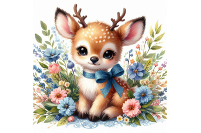 Cute Watercolor Baby Deer with the blue ribbon surrounded by