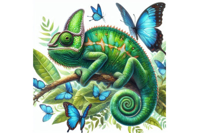 Watercolor green chameleon with butterflies  isolate on white b