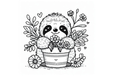 Cute sloth with a pot of flowers