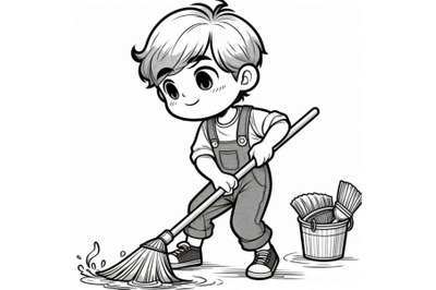 A boy diligently sweep floor