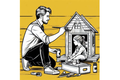 A father finishing to paint a wooden toy house for his daughter