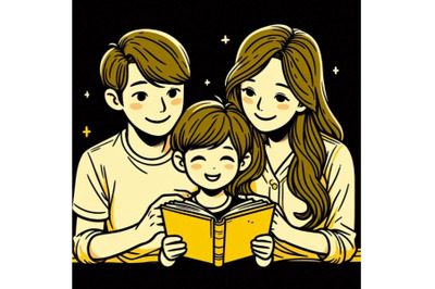 Cartoon mother&2C; father and son reading a book together