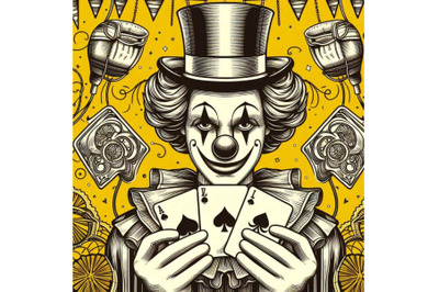 Clown from circus in hubcap with playing cards