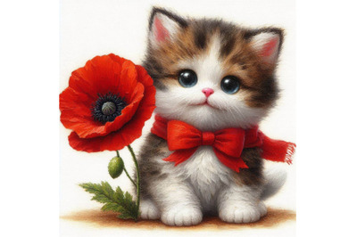 Cute Cat Holding a Red Poppy