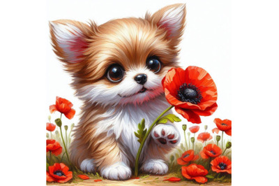 Cute Dog Holding a Red Poppy