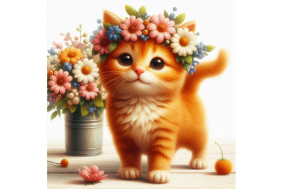 06 a cute orange cat with flowers on his hea